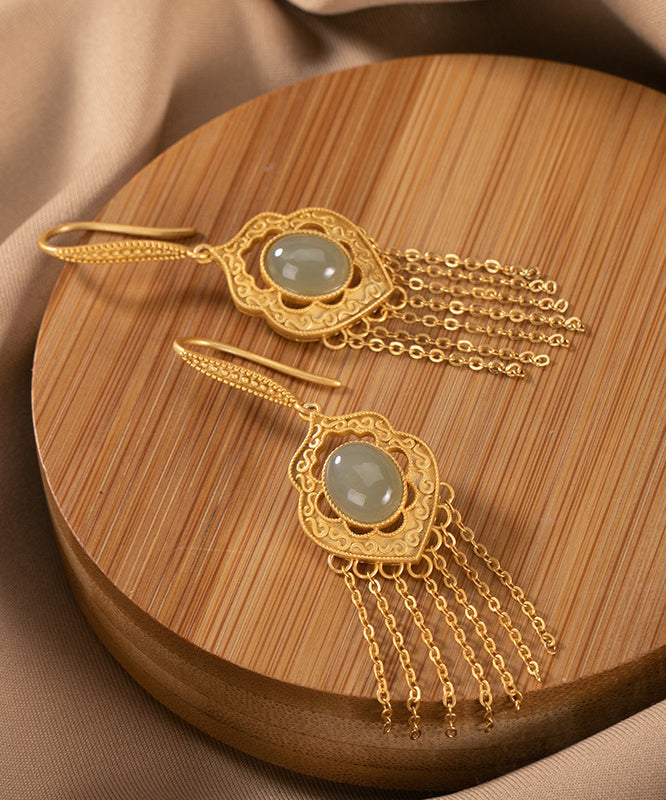 Schicke, cyanfarbene, vergoldete Tropfenohrringe aus Hetian-Jade mit Intarsien