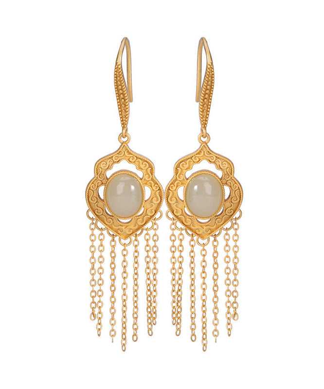 Schicke, cyanfarbene, vergoldete Tropfenohrringe aus Hetian-Jade mit Intarsien