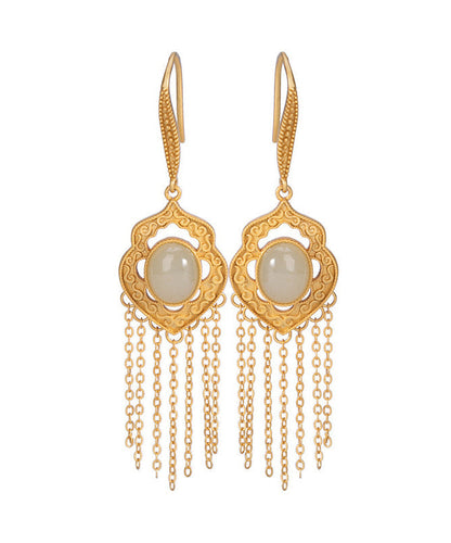 Schicke, cyanfarbene, vergoldete Tropfenohrringe aus Hetian-Jade mit Intarsien