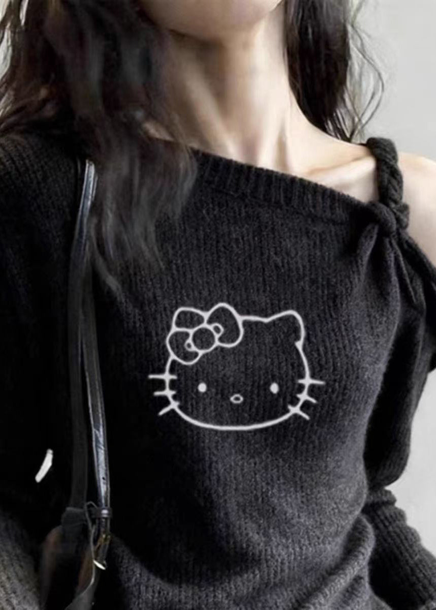 Chic Dark Grey Cold Shoulder Print Cotton Knit Sweater Tops Spring