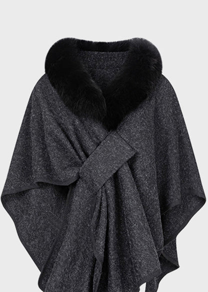 Chic Dark Grey Fur Collar Coats Batwing Sleeve