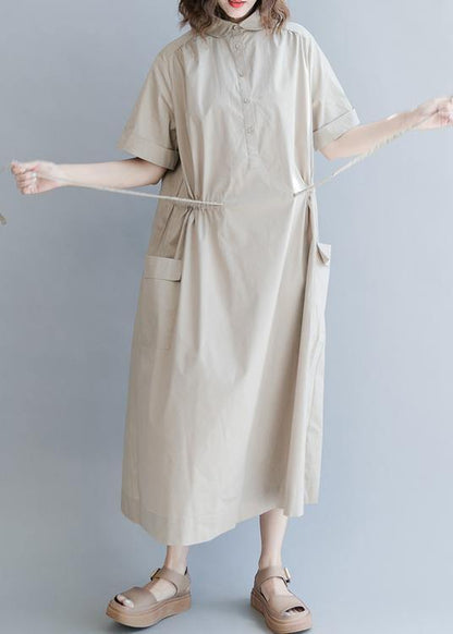 Chic Drawstring Cotton Summer Clothes For Women Runway Khaki long Dresses - SooLinen