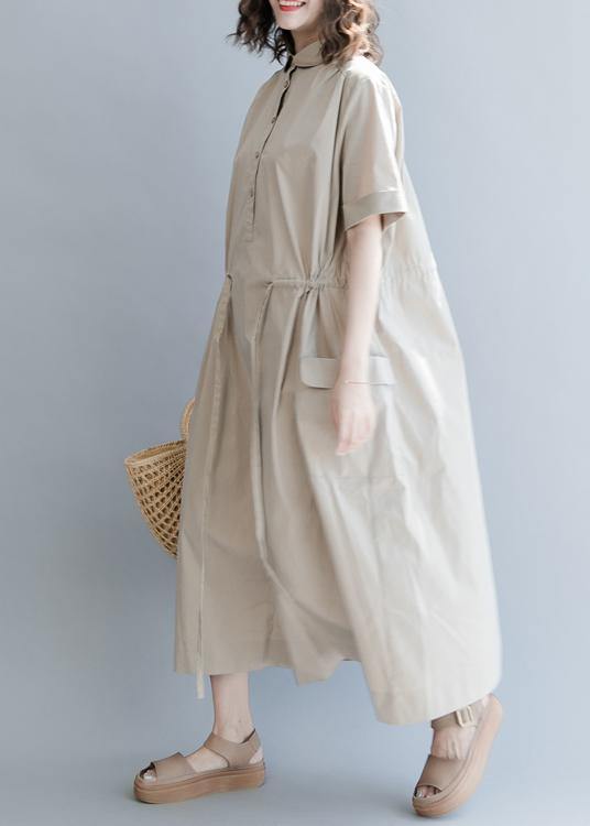 Chic Drawstring Cotton Summer Clothes For Women Runway Khaki long Dresses - SooLinen