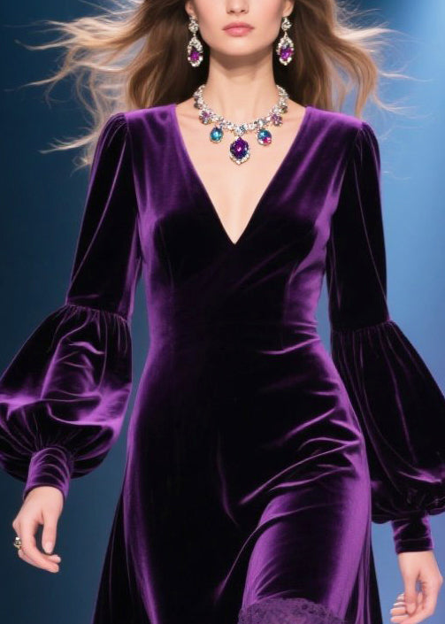 Elegante vestido largo morado opaco con cuello en V y patchwork de terciopelo de seda y mangas farol
