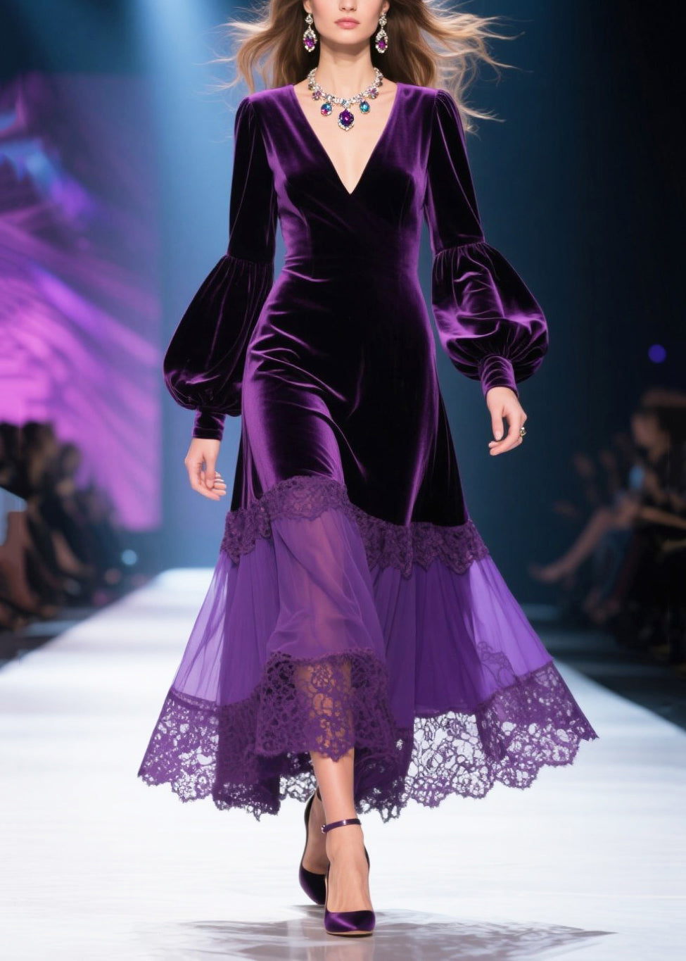 Elegante vestido largo morado opaco con cuello en V y patchwork de terciopelo de seda y mangas farol