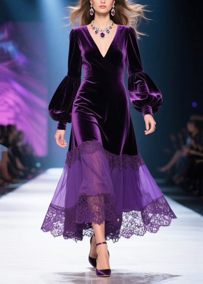 Elegante vestido largo morado opaco con cuello en V y patchwork de terciopelo de seda y mangas farol