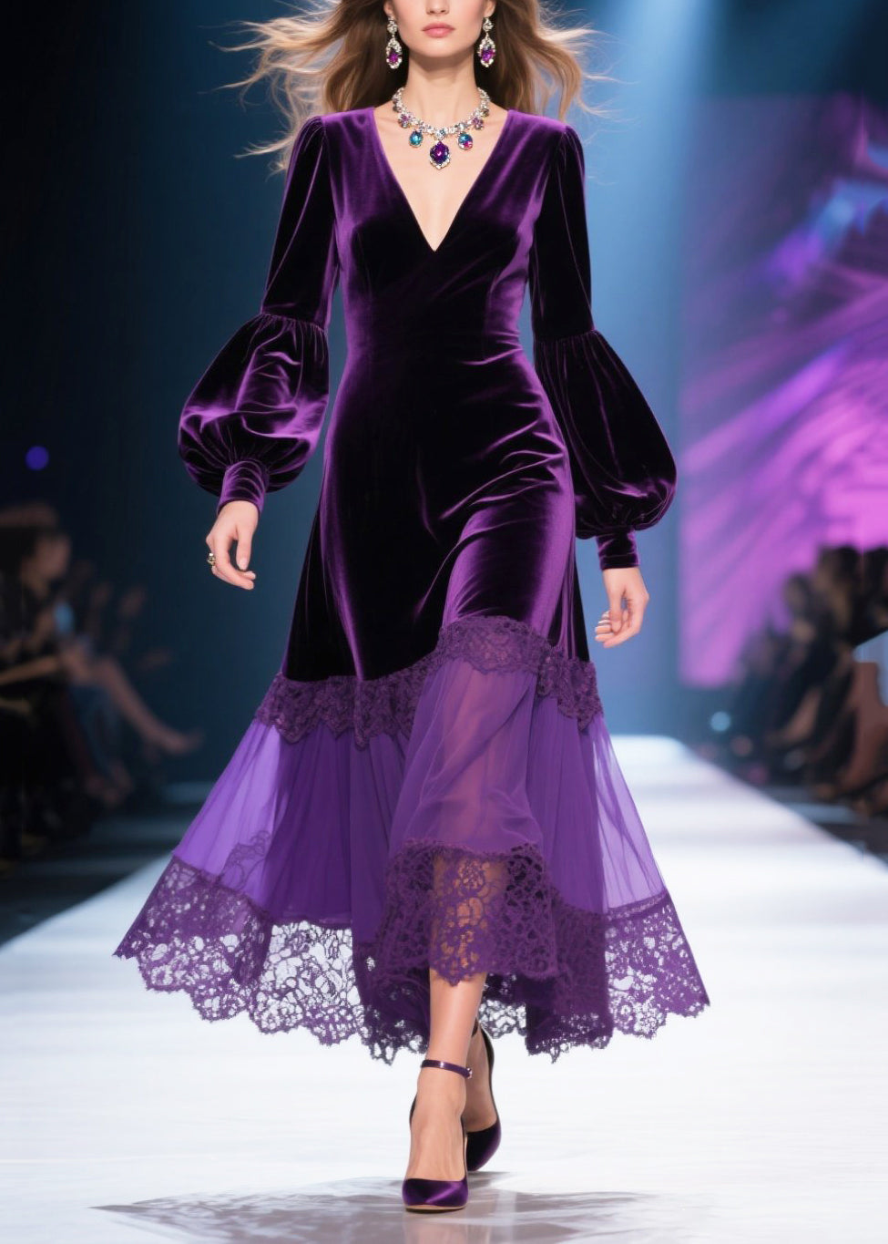 Elegante vestido largo morado opaco con cuello en V y patchwork de terciopelo de seda y mangas farol