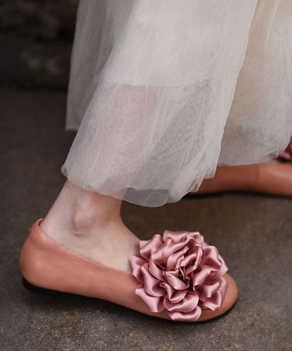 Chic Floral Splicing Flat Feet Shoes Pink Cowhide Leather