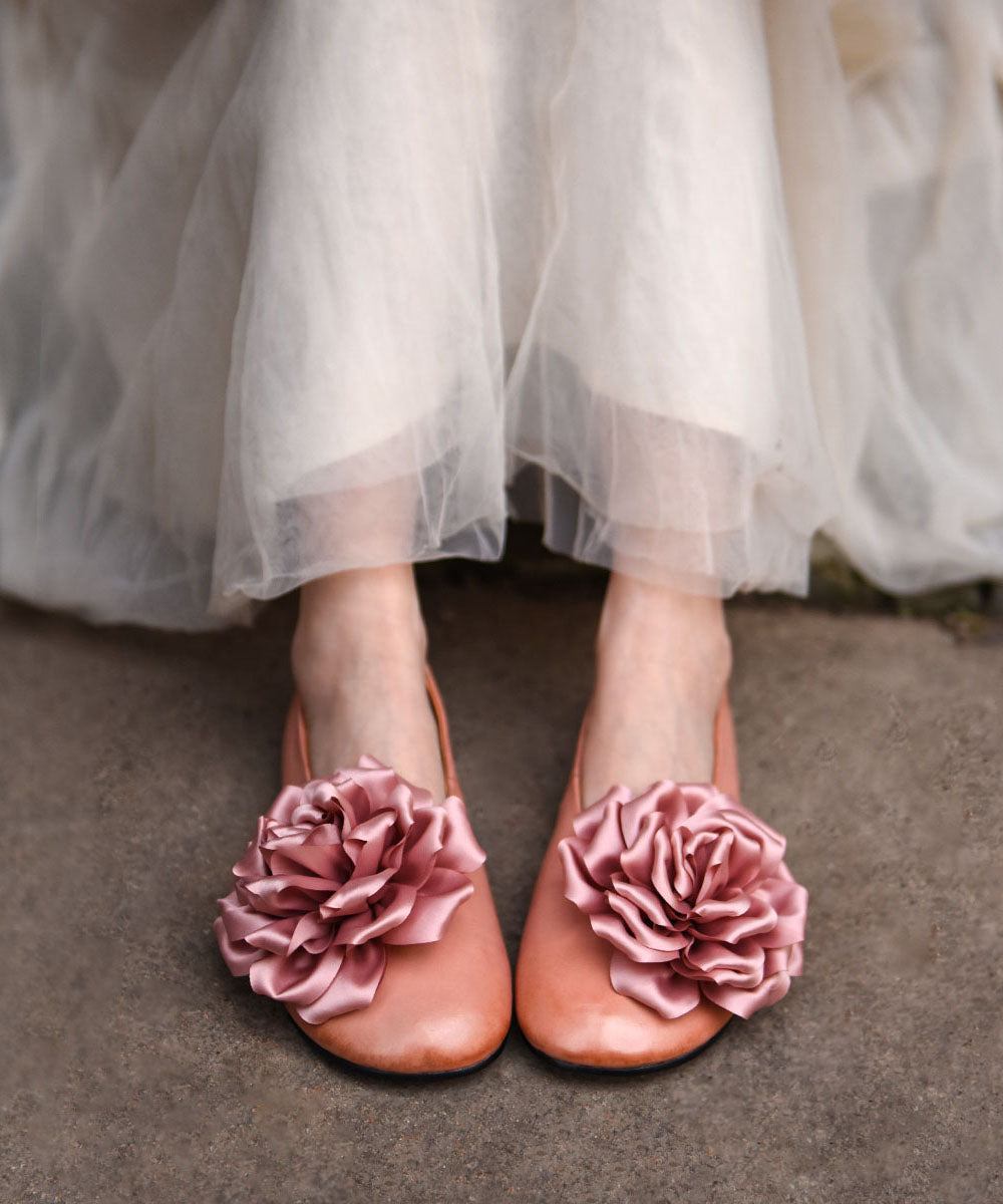 Chic Floral Splicing Flat Feet Shoes Pink Cowhide Leather
