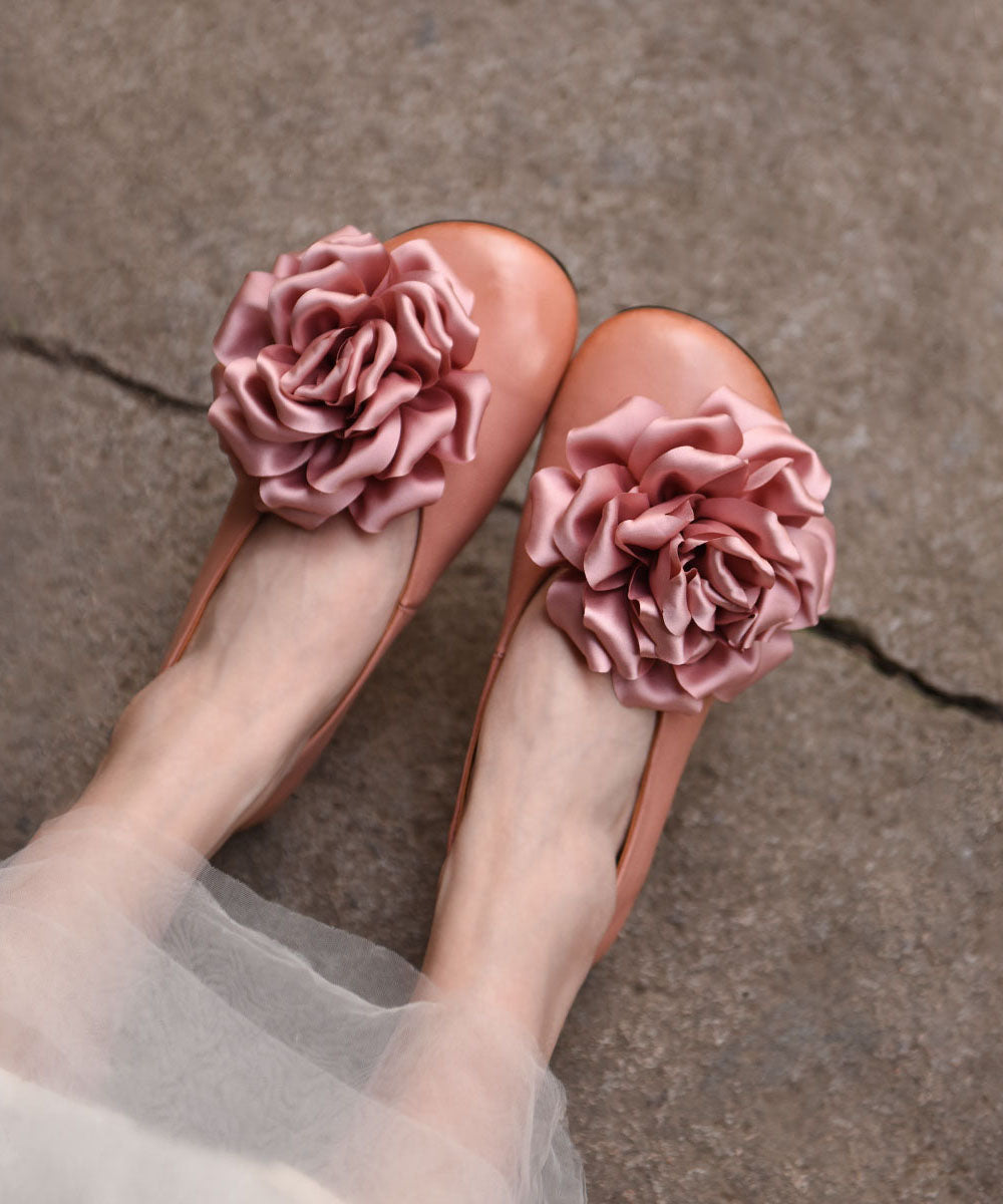 Chic Floral Splicing Flat Feet Shoes Pink Cowhide Leather