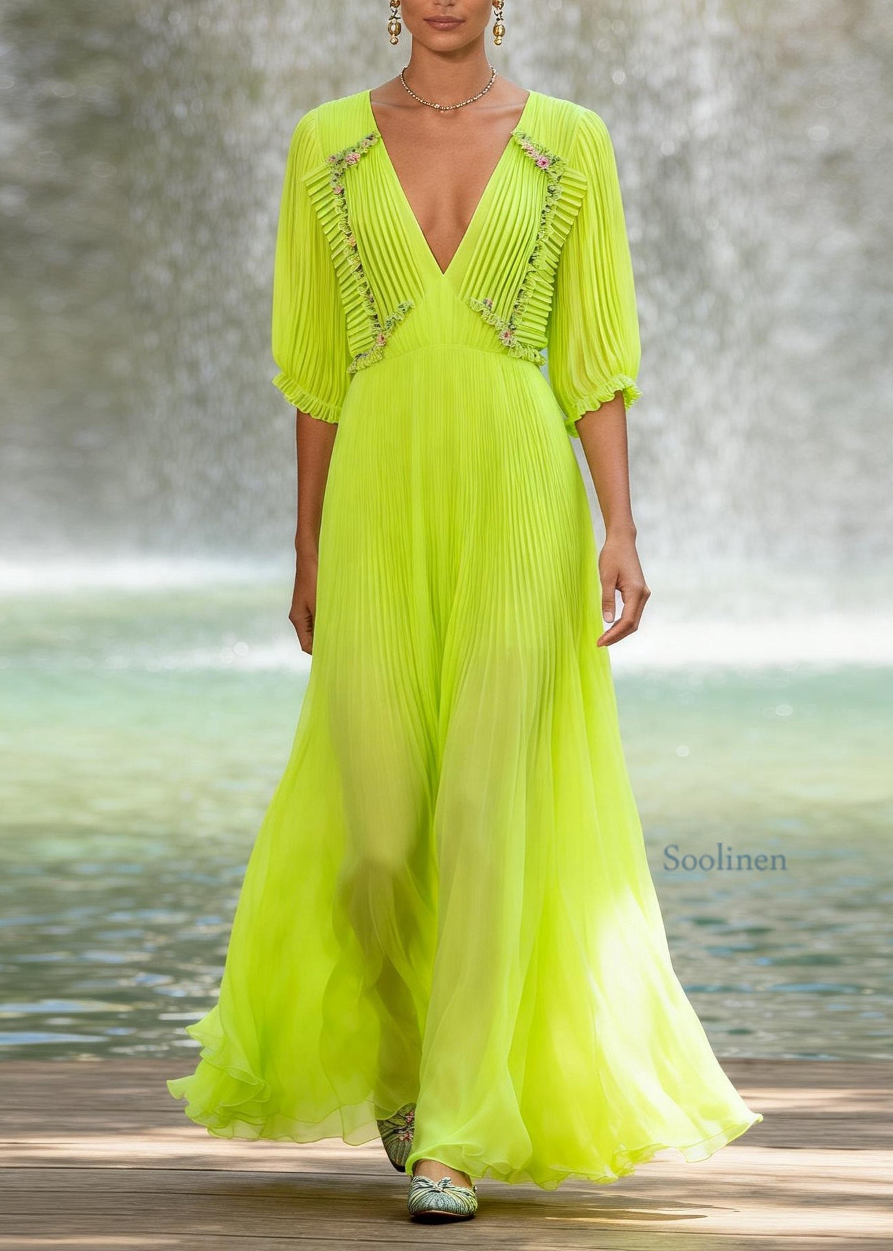 Chic Fluorescent Green V Neck Wrinkled Patchwork Chiffon Maxi Dresses Summer