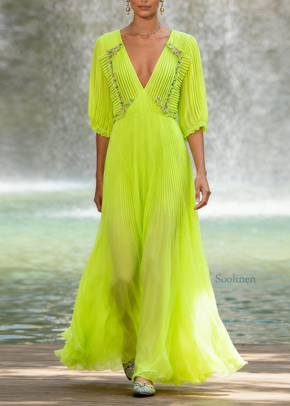 Chic Fluorescent Green V Neck Wrinkled Patchwork Chiffon Maxi Dresses Summer