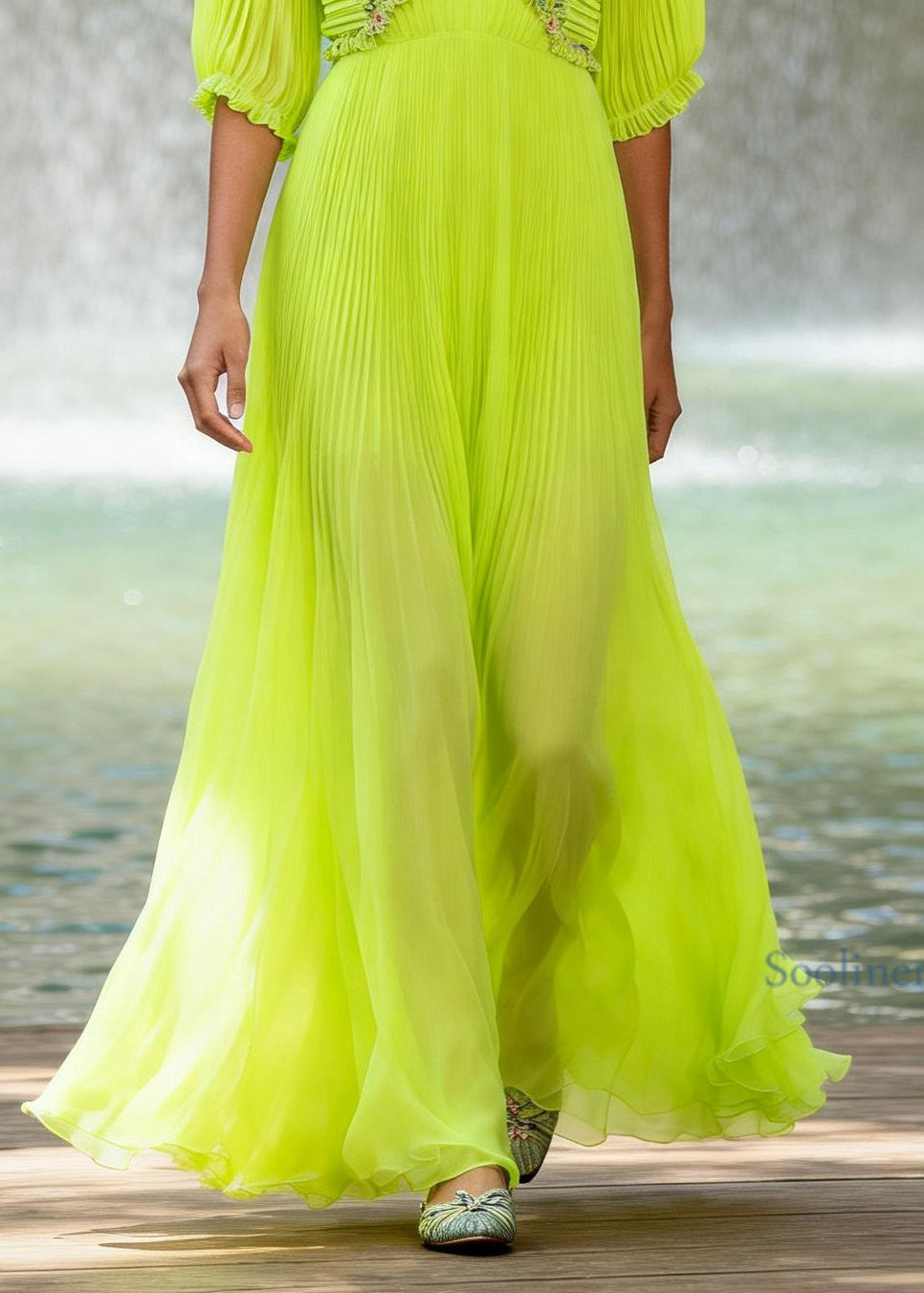 Chic Fluorescent Green V Neck Wrinkled Patchwork Chiffon Maxi Dresses Summer