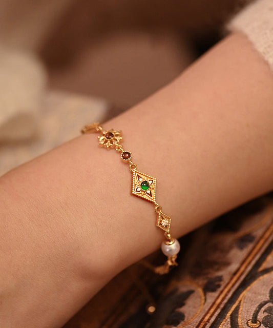 Chic Geometric Pearl Gem Stone Adjustable Gold Plated Bracelet