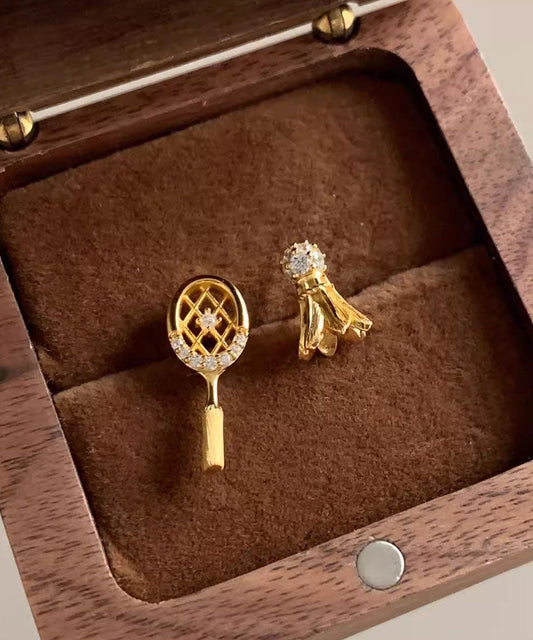 Pendientes asimétricos con forma de raqueta de bádminton y circonitas de aleación de cobre y oro