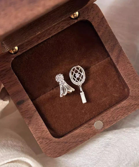 Pendientes asimétricos con forma de raqueta de bádminton y circonitas de aleación de cobre y oro