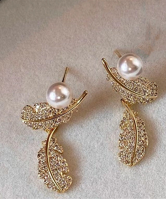 Chic Gold Copper Overgild Zircon Feather Pearl Stud Earrings