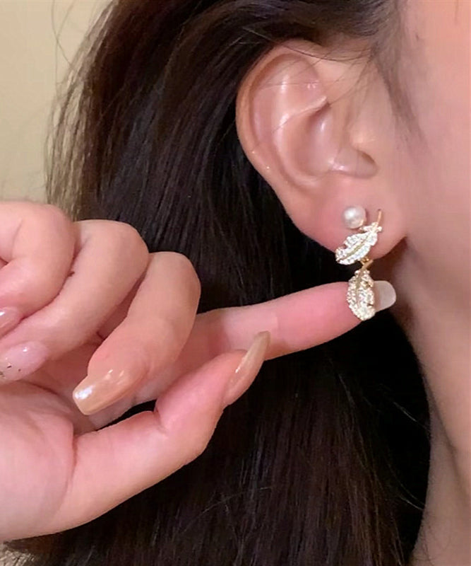Chic Gold Copper Overgild Zircon Feather Pearl Stud Earrings