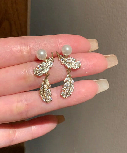 Chic Gold Copper Overgild Zircon Feather Pearl Stud Earrings
