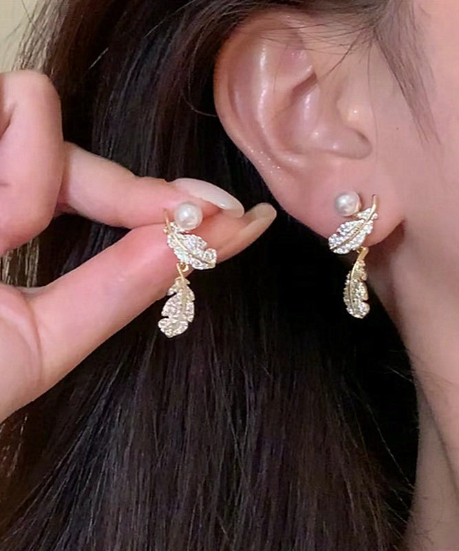 Chic Gold Copper Overgild Zircon Feather Pearl Stud Earrings