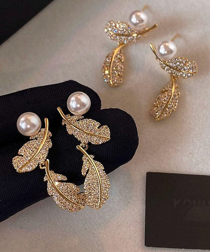 Chic Gold Copper Overgild Zircon Feather Pearl Stud Earrings
