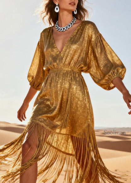 Chic Gold V Neck Tassel Patchwork Cotton Dress Summer