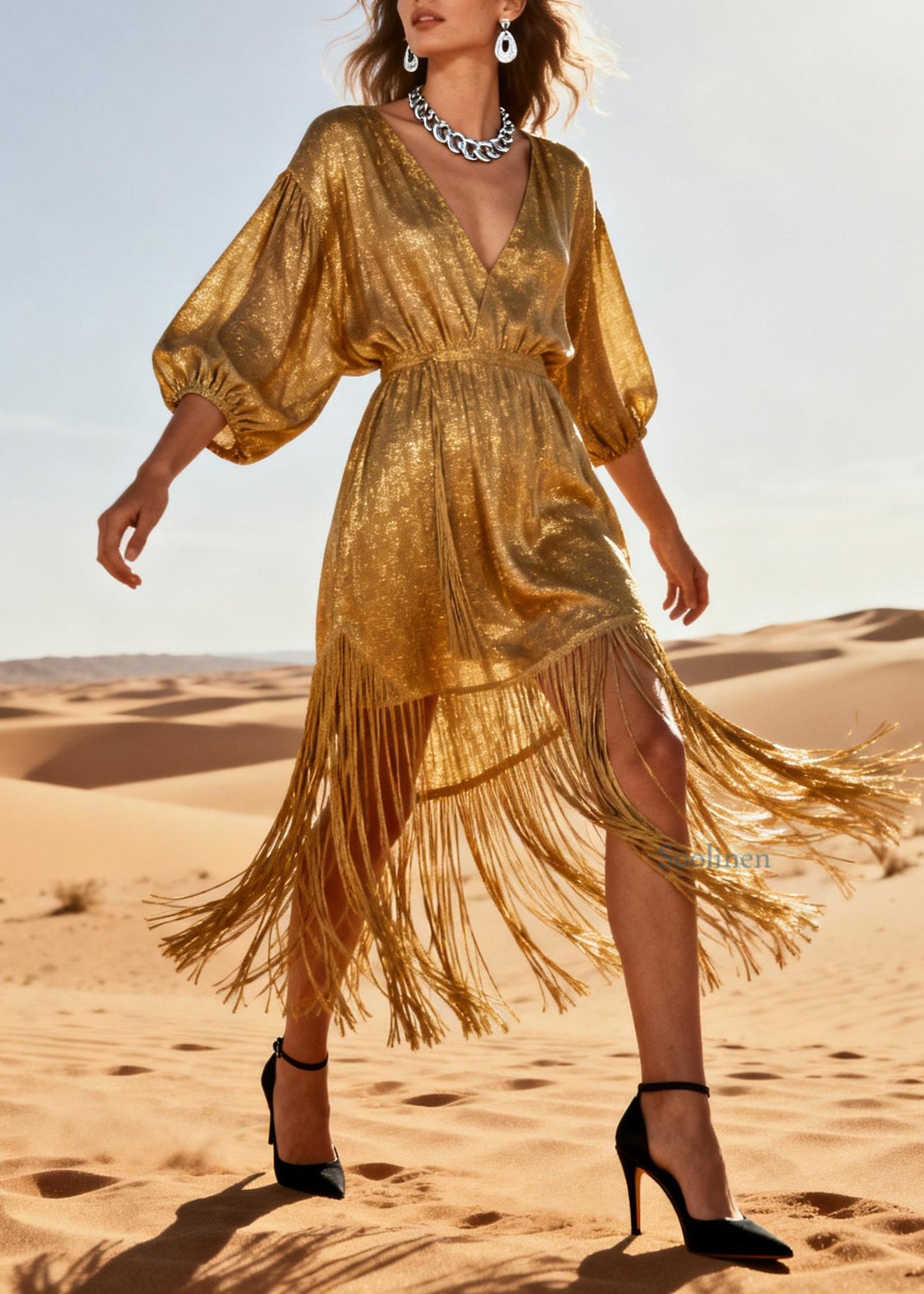 Chic Gold V Neck Tassel Patchwork Cotton Dress Summer