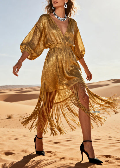 Chic Gold V Neck Tassel Patchwork Cotton Dress Summer