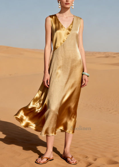Chic Golden Asymmetrical Patchwork Silk Dress Summer
