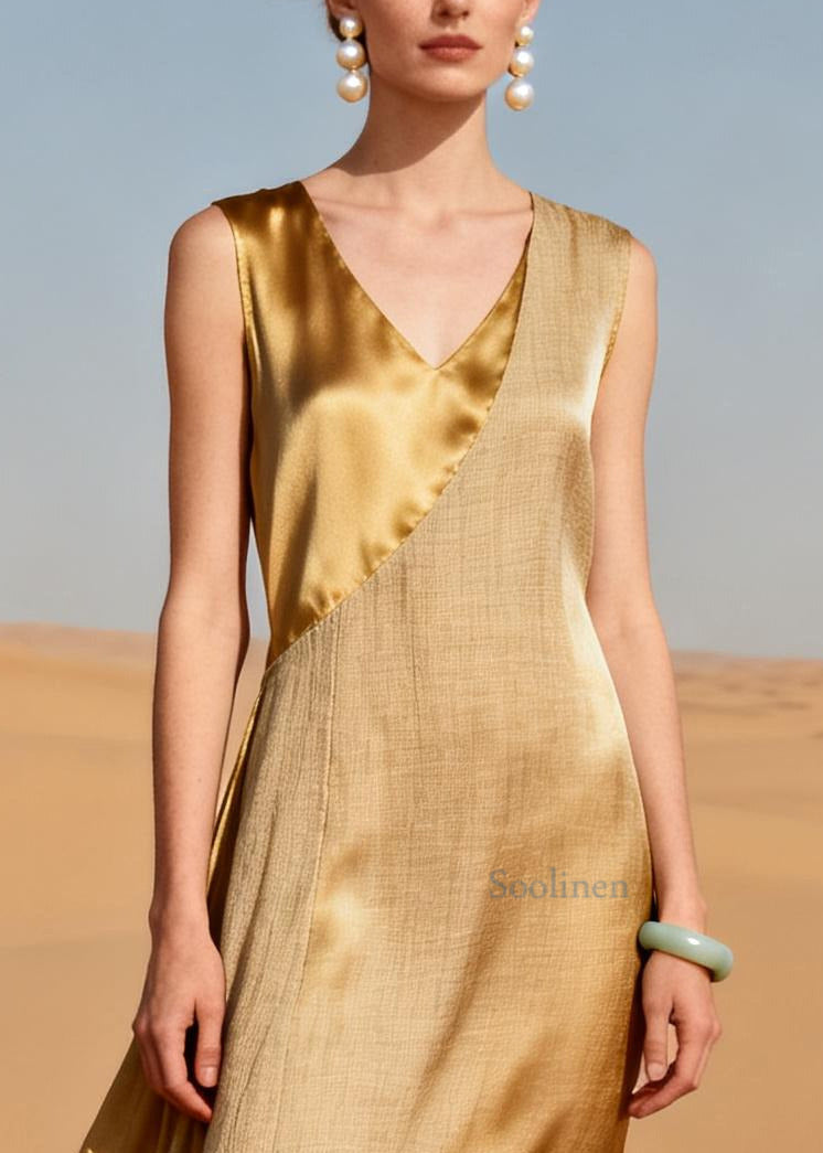 Chic Golden Asymmetrical Patchwork Silk Dress Summer