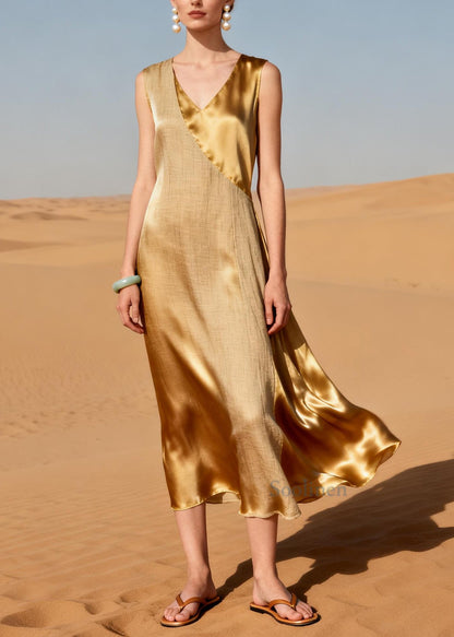 Chic Golden Asymmetrical Patchwork Silk Dress Summer