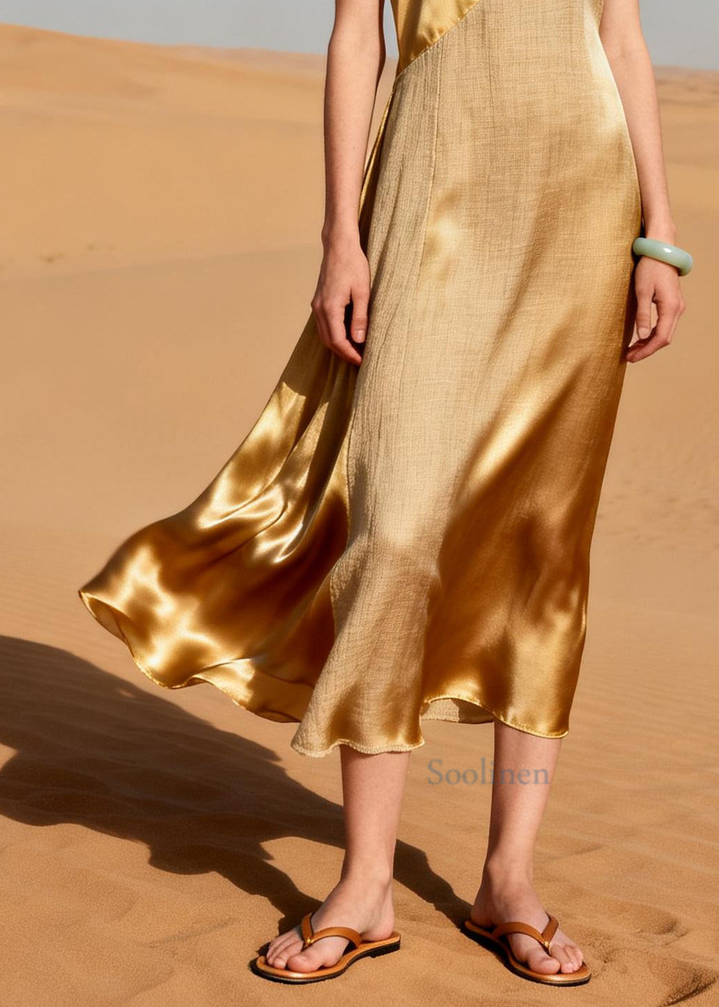 Chic Golden Asymmetrical Patchwork Silk Dress Summer