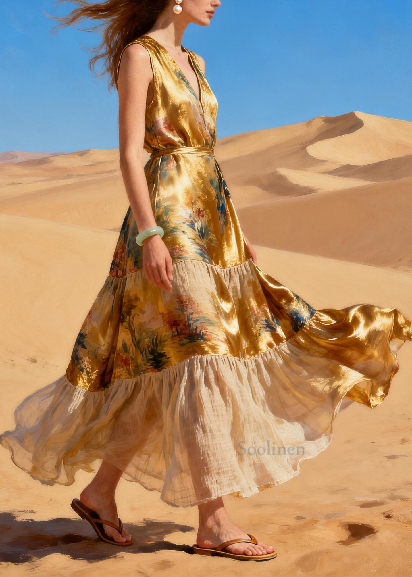 Chic Golden Print Patchwork Exra Large Hem Silk Dress Summer