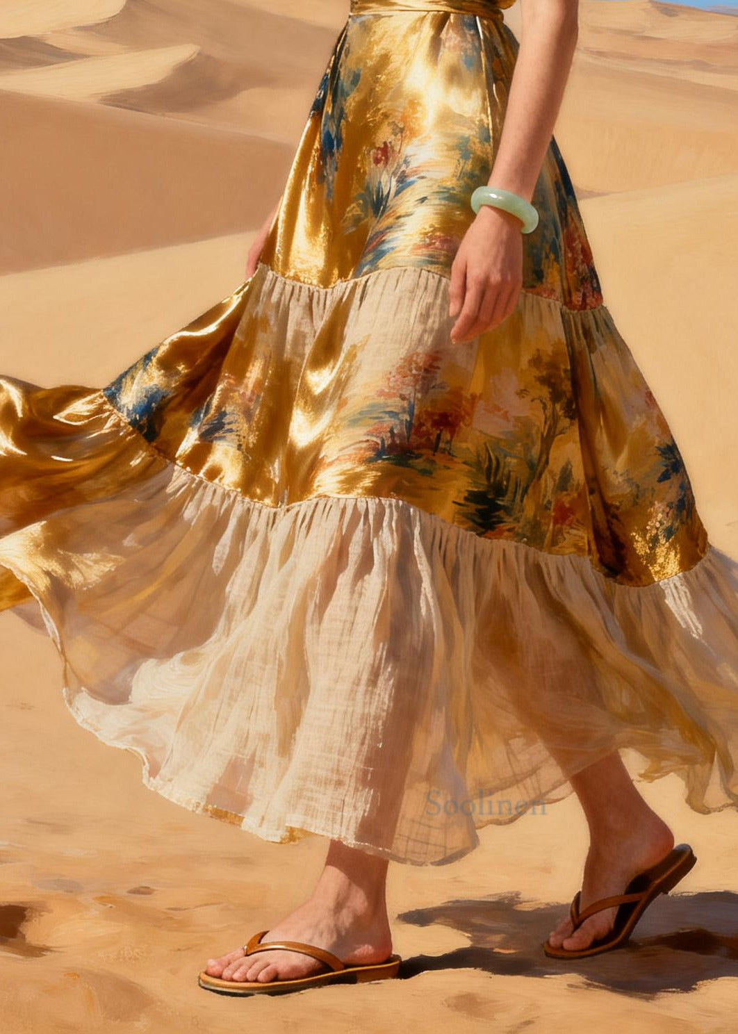 Chic Golden Print Patchwork Exra Large Hem Silk Dress Summer