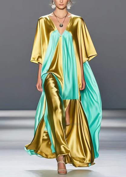 Chic Golden V Neck Patchwork Side Open Silk Long Dress Summer