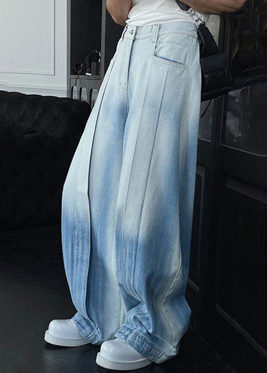 Chic Gradient Color Pockets High Waist Denim Men Wide Leg Pants Summer