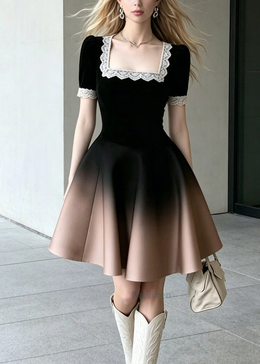 Chic Gradient Color Square Collar Lace Patchwork Cotton Dress Summer