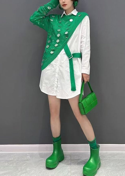 Chic Green Asymmetrical Knit Cotton Sweaters And Shirts Two Pieces Set Fall