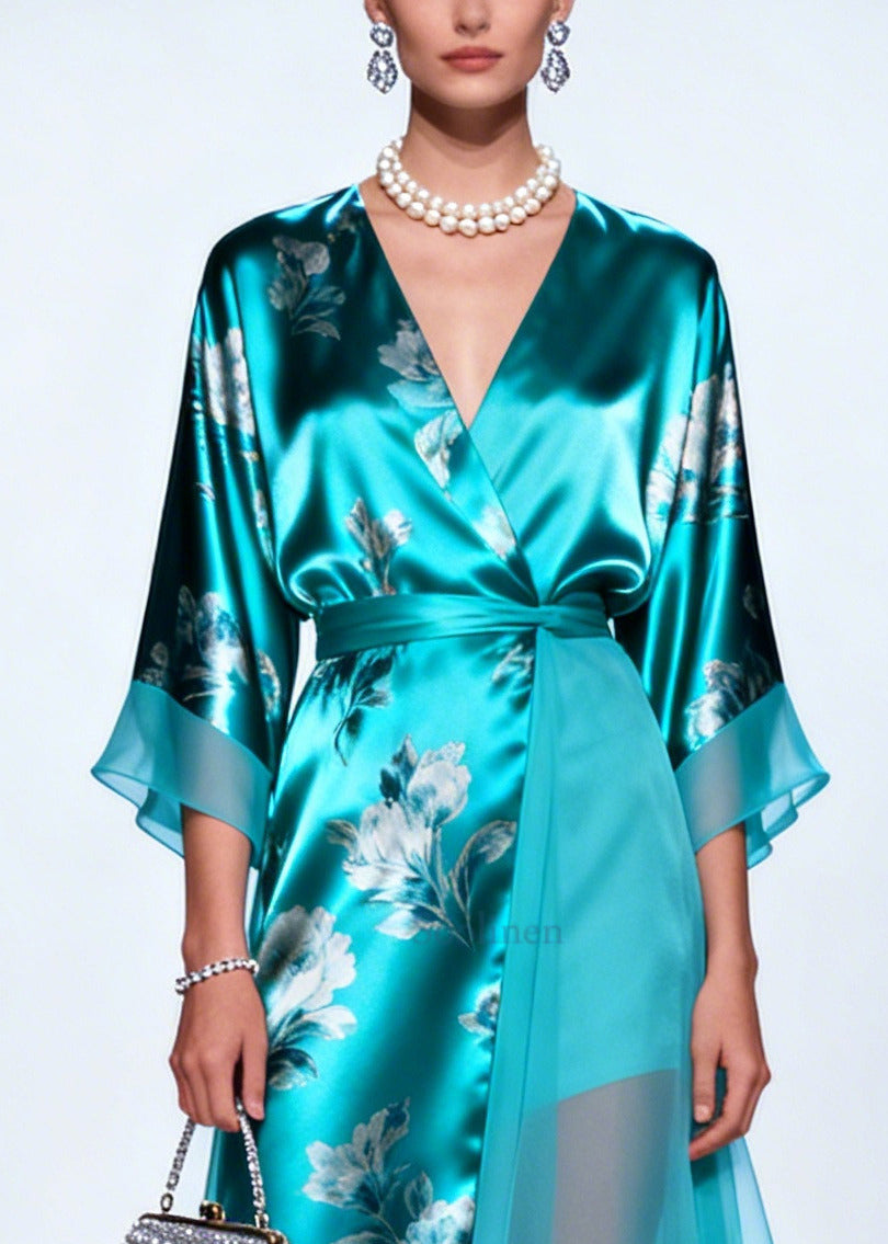 Chic Green Asymmetrical Patchwork Silk Tunic Dress Summer