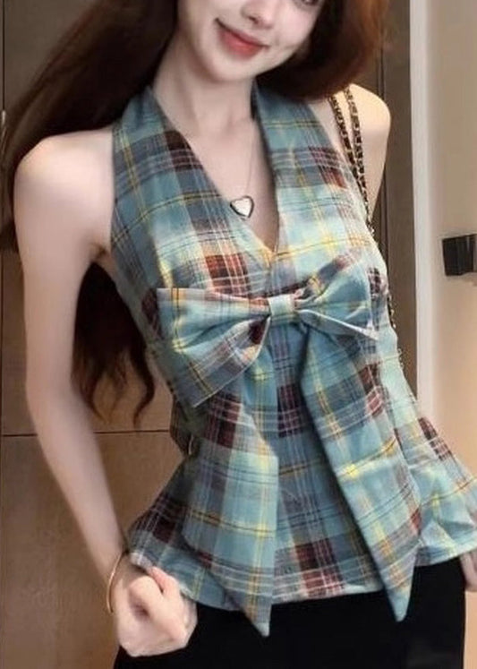 Chic Green Backless Plaid Halter Vests Summer