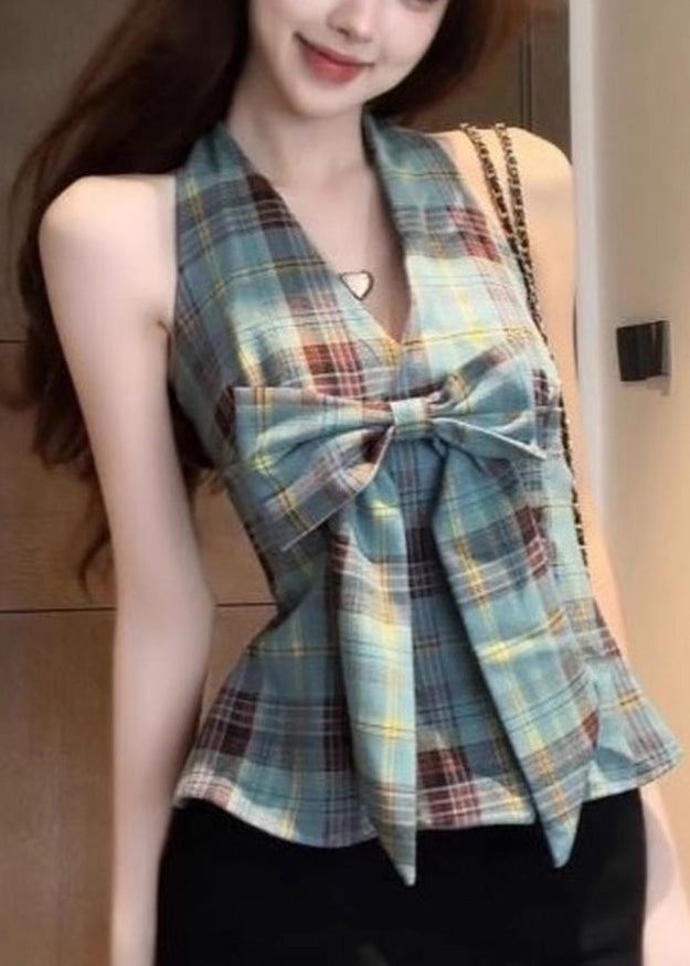 Chic Green Backless Plaid Halter Vests Summer
