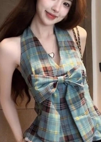 Chic Green Backless Plaid Halter Vests Summer