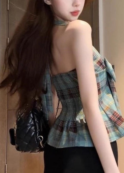 Chic Green Backless Plaid Halter Vests Summer