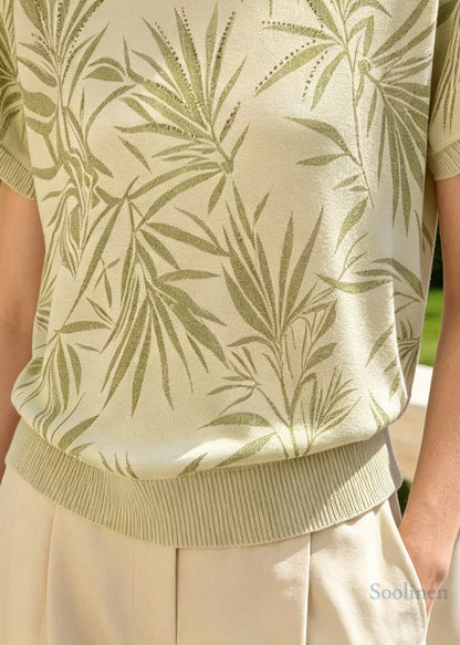 Chic Green Bamboo Print Zircon Knit Shirt Tops Summer