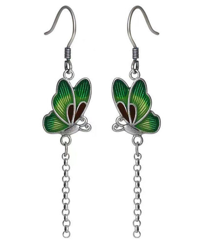 Chic Green Butterfly Patchwork Silver Drop Earrings