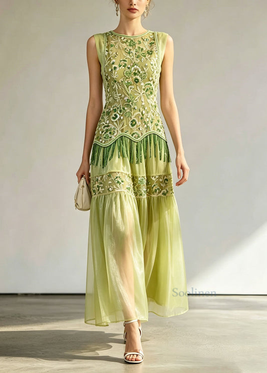 Chic Green Embroidered Patchwork Silk Long Dress Sleeveless
