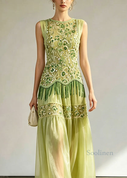 Chic Green Embroidered Patchwork Silk Long Dress Sleeveless