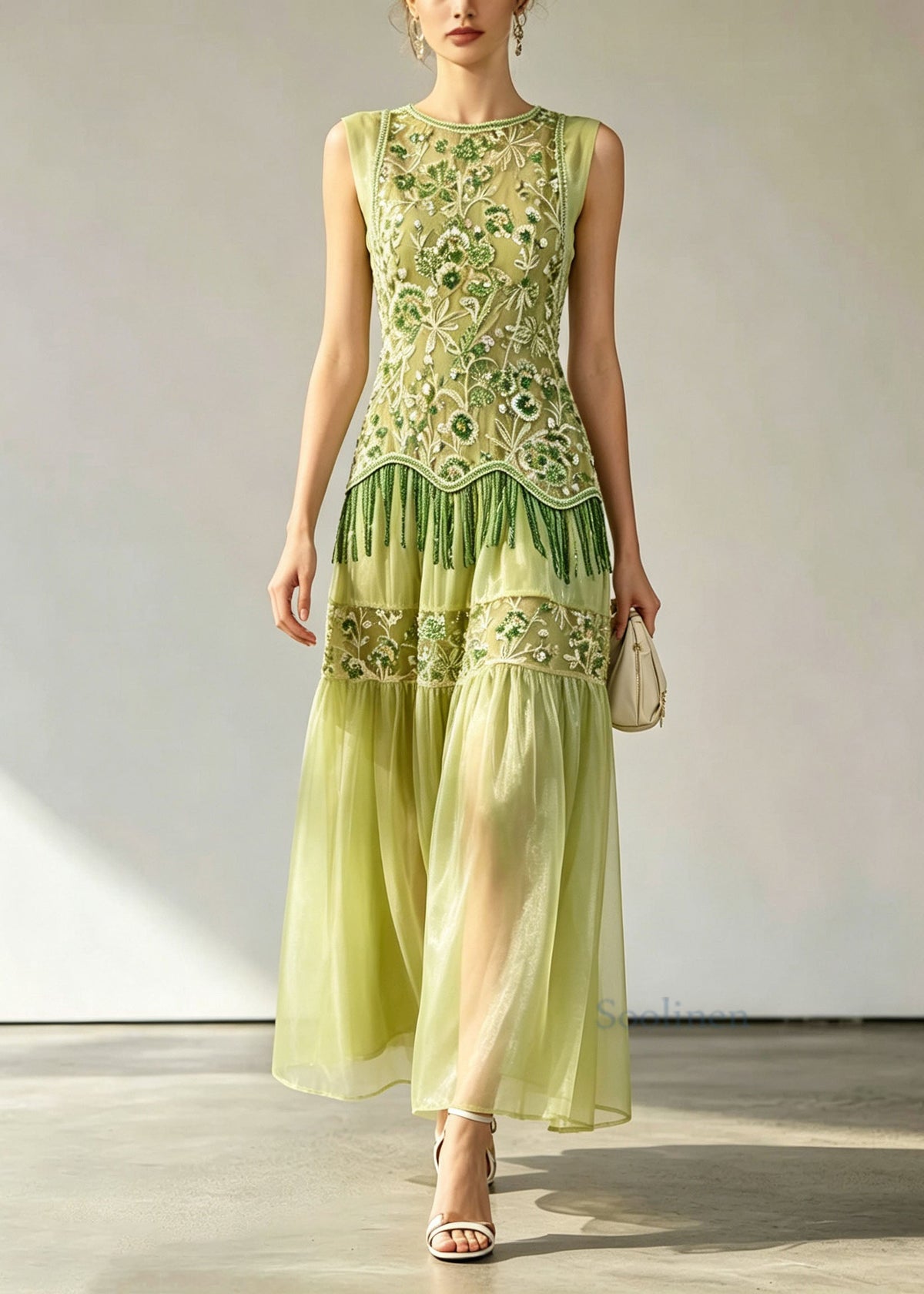 Chic Green Embroidered Patchwork Silk Long Dress Sleeveless