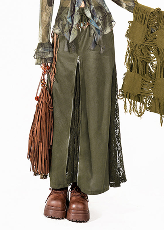 Chic Green High Waist Maxi Skirt Summer Lace Patchwork