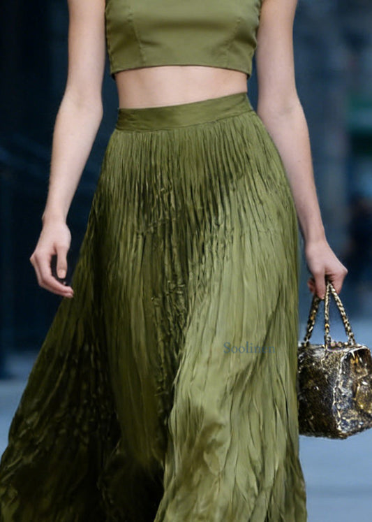 Chic Green High Waist Wrinkled Chiffon Skirts Spring